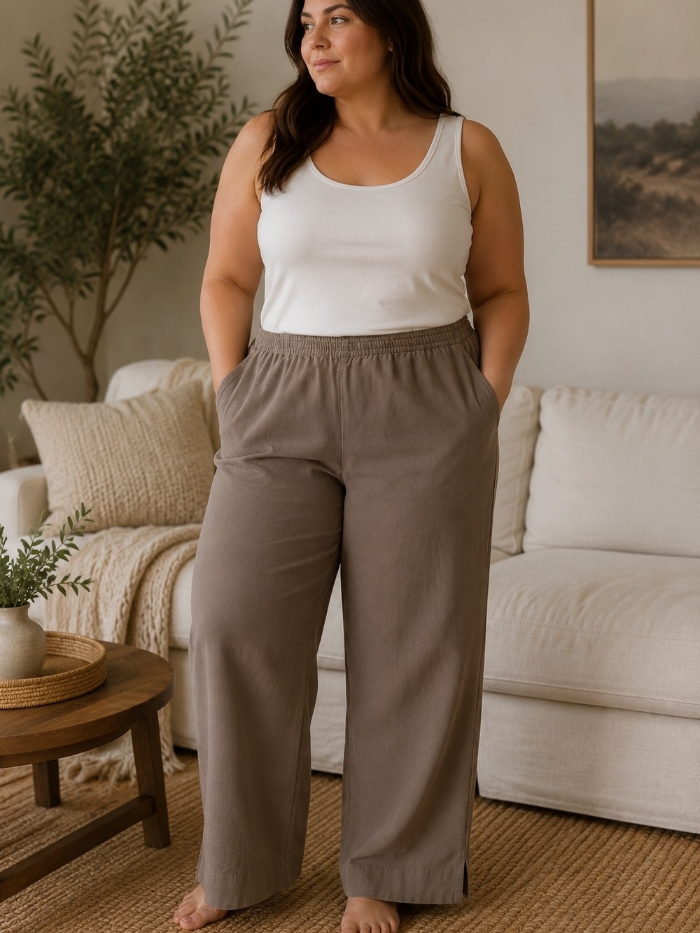 Soft Surroundings 1X Brown 100% Cotton Wide Leg Pants  Lagenlook Minimalist Boho